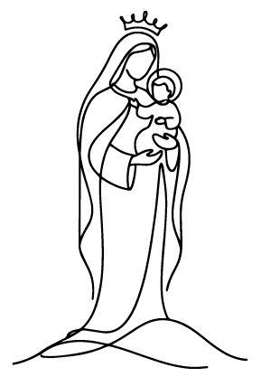 Our Lady of Mount Carmel logo — line drawing of Mary crowned, holding the Christ Child, standing on the hill of Carmel.